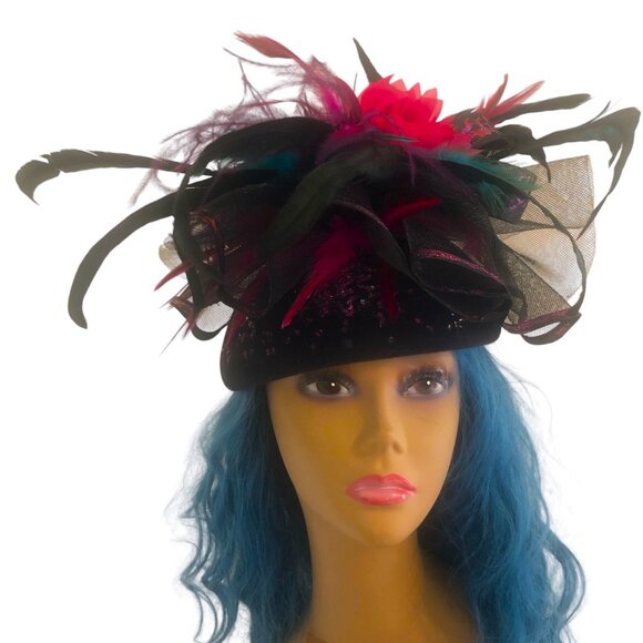 Handcrafted Retro-Modern Cocktail Party Glammed-Up Black Hat NEW - Picture 5 of 5